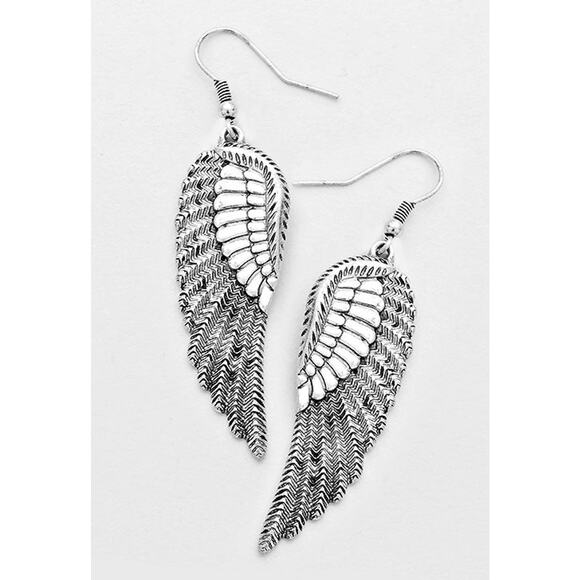 Pierced 2 3/4" silver textured dangle wing earrings - Picture 1 of 1